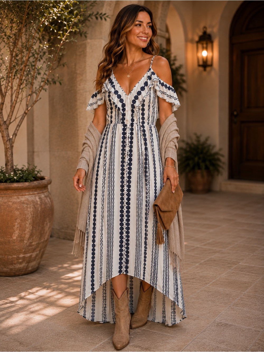 Lulus White Navy High Low Maxi Dress Size Small Boho Cold Shoulder NEW